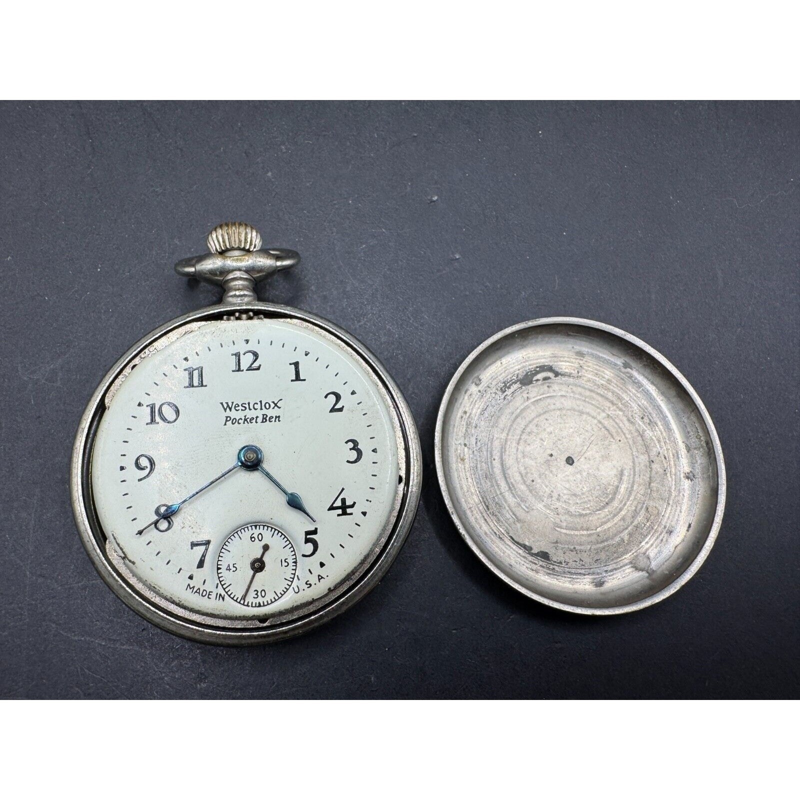Vintage Westclox Ben Pocket Watch Usa Silver Tone White Dial Manual Wind Up